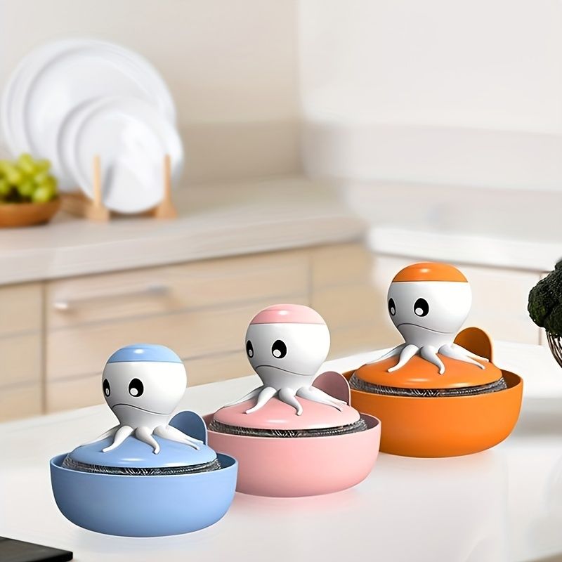 1pc; Cartoon Octopus Pot Brush With Holder; Iron Sponges Scrubbers; Cleaning Ball; For Pot; Pan; Dish; Kitchen Sink Cleaning; Kitchen Gadgets