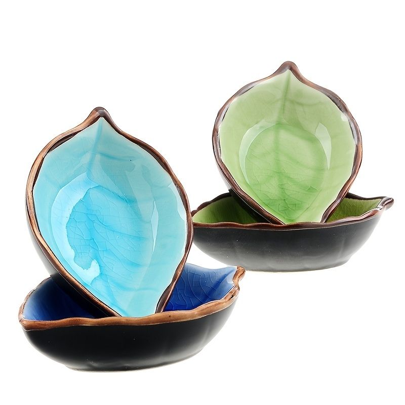 1pc Leaf Shaped Saucer; Handcraft Ceramic Small Plate; Ice Crack Glaze Seasoning Sauce Flavouring Plates; Tableware; Kitchen Supplies; 10.5*7*2.5cm / 4.13*2.76*0.98inch